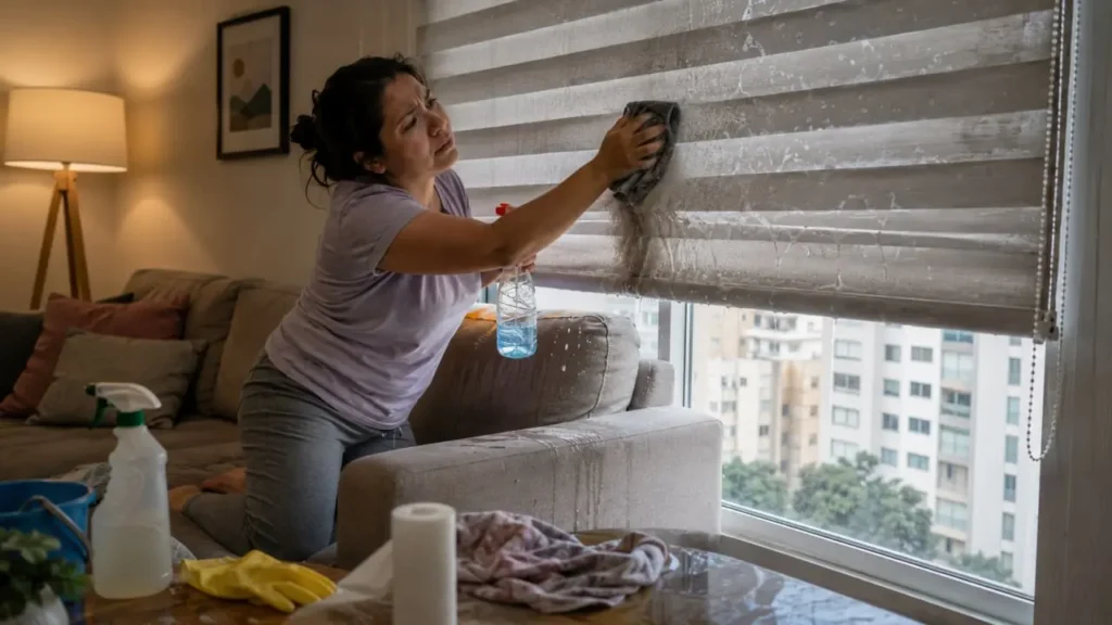 ama de casa limpiando cortinas roller de manera amateur