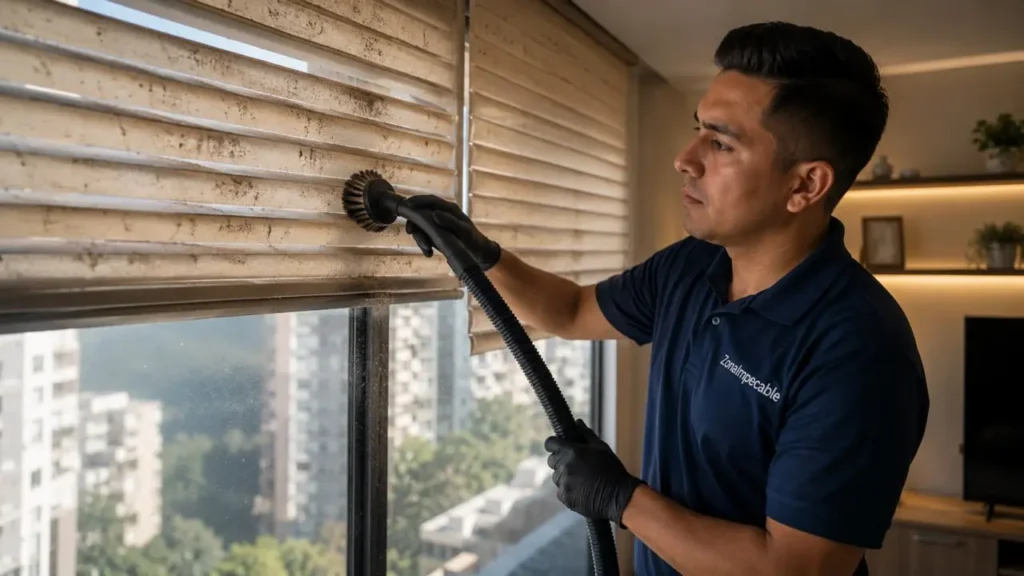 un profesional limpiando las cortinas rolleger de manera adecuada