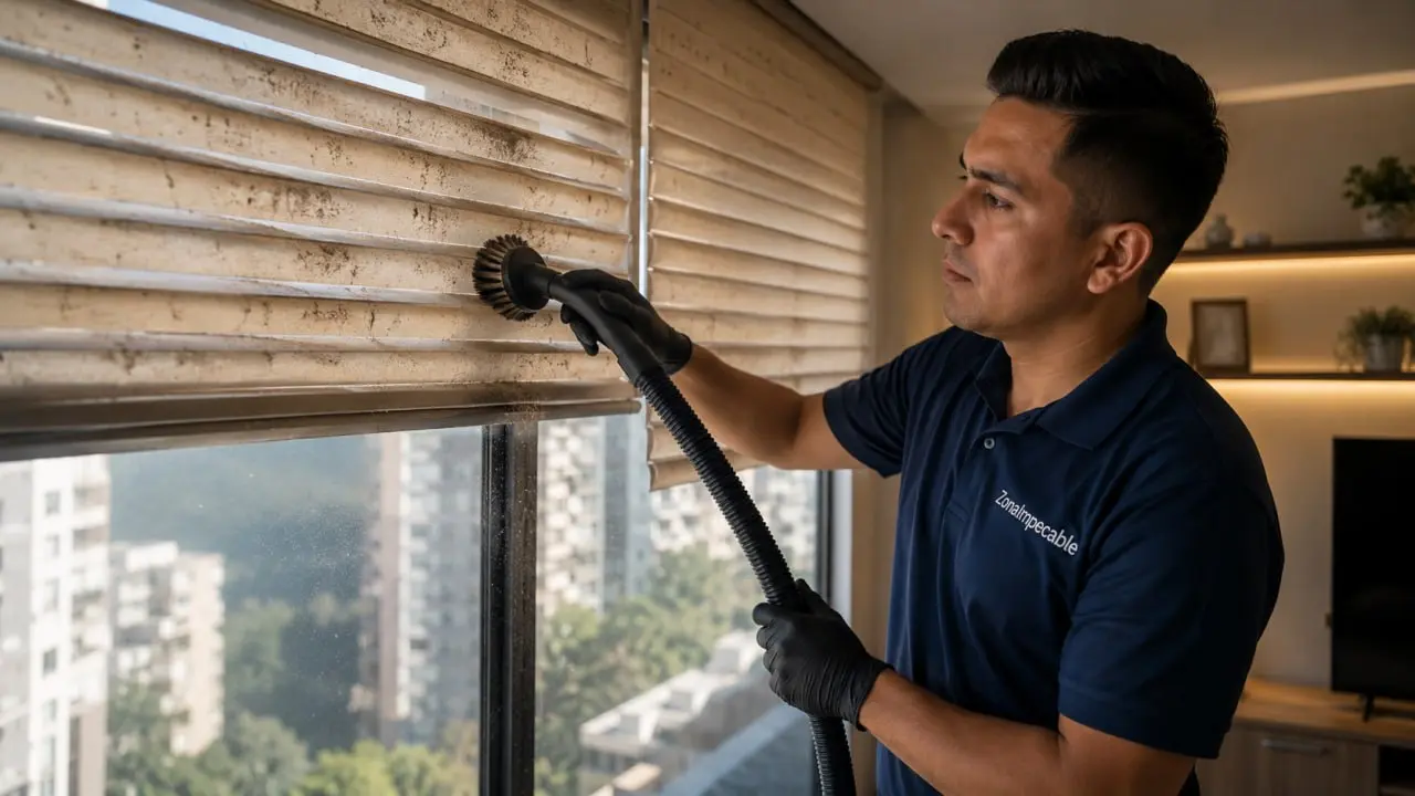 un profesional limpiando las cortinas rolleger de manera adecuada