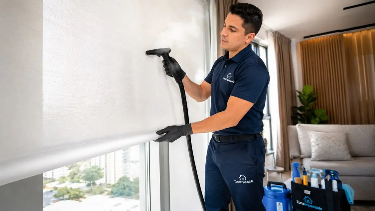 experto en limpieza con aparatos dedicados limpiando las cortinas rollers