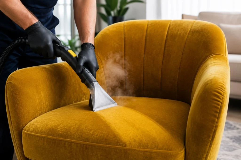 un personal de zona impecable limpizando con el sistema HYLA un mueble