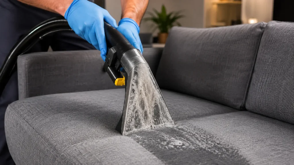 Proceso de limpieza de muebles en Lima con máquina de inyección y succión