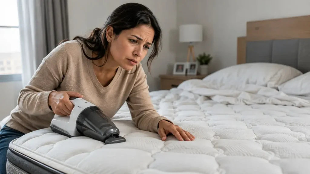 Mujer peruana inspeccionando colchón en su dormitorio de Lima antes de contratar limpieza de colchones profesional
