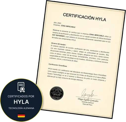 Imagen de Certificación HYLa de zona impecable servicio de limpieza de tapiceria en lima.