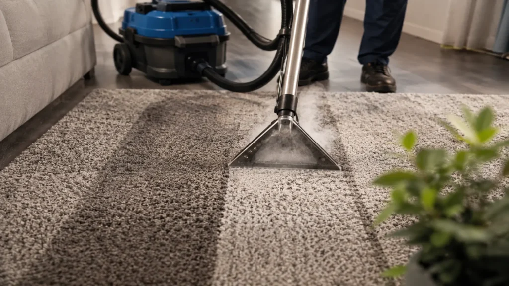 Máquina de inyección y extracción industrial limpiando en profundidad una alfombra en Lima