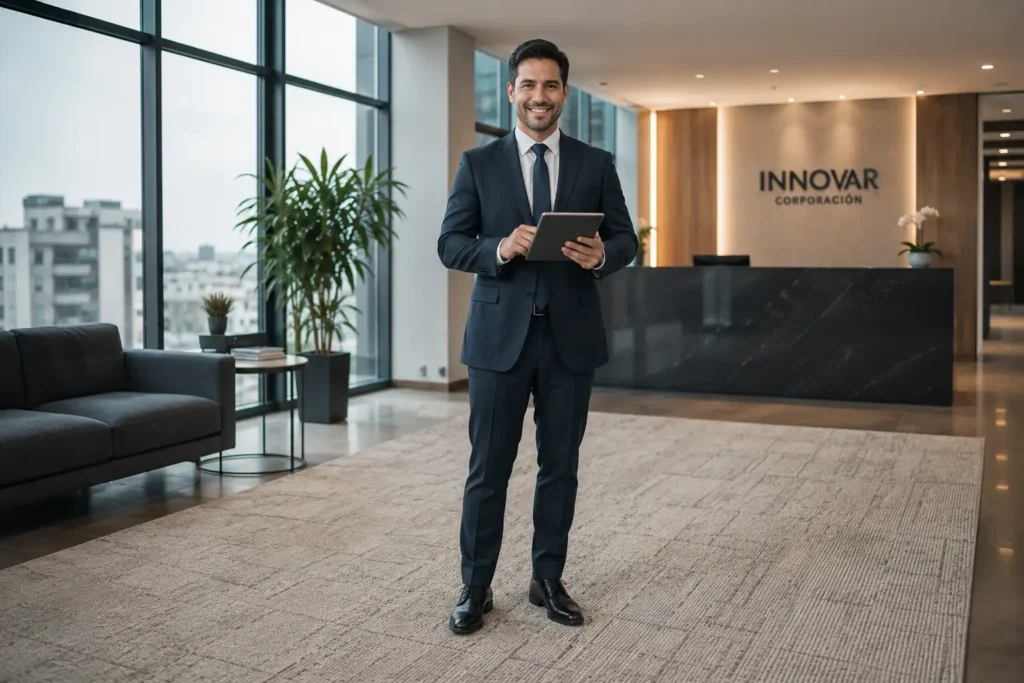 jecutivo corporativo en recepción con alfombra profesional recién higienizada mediante limpieza de alfombras a vapor en Lima.