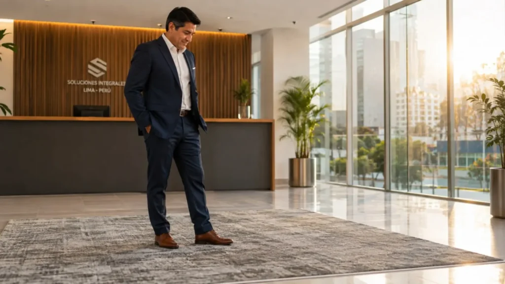 Gerente corporativo evaluando resultado de limpieza de alfombras a domicilio en oficina moderna de Lima