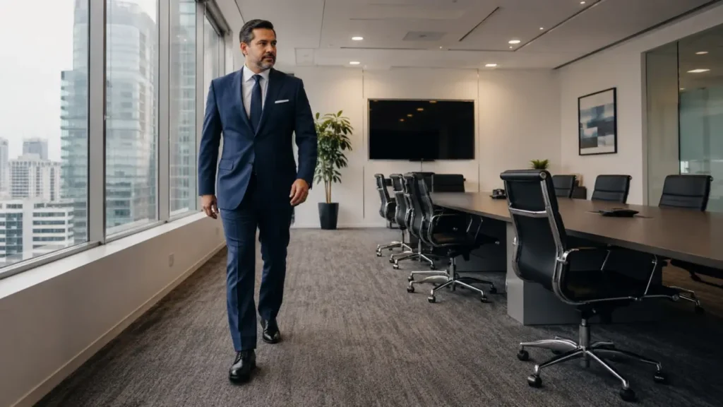 Ejecutivo caminando sobre alfombra corporativa recién limpiada en oficina de Lima, proceso profesional de limpieza de alfombras.