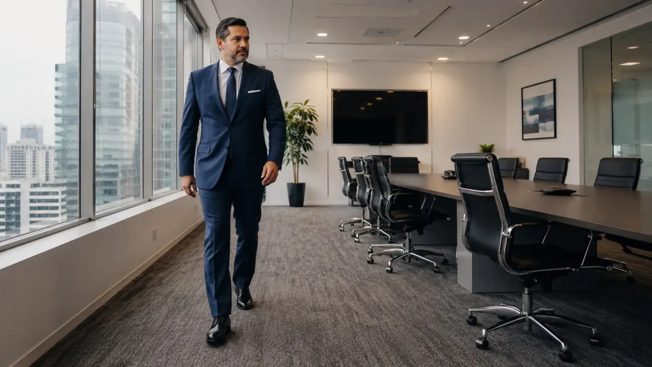 Ejecutivo caminando sobre alfombra corporativa recién limpiada en oficina de Lima, proceso profesional de limpieza de alfombras.