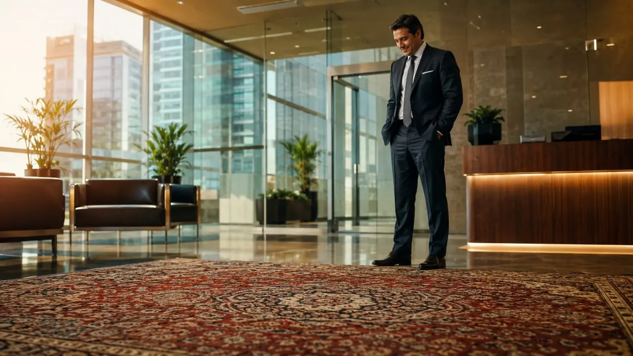 Gerente corporativo evaluando resultado de limpieza de alfombras a domicilio en Lima en recepción de oficina moderna