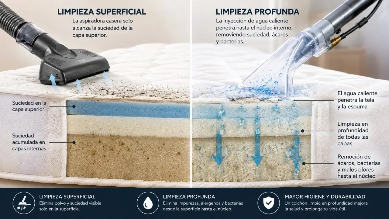 Comparativa técnica en corte transversal: aspiradora casera vs máquina profesional de inyección y succión para limpieza de colchones