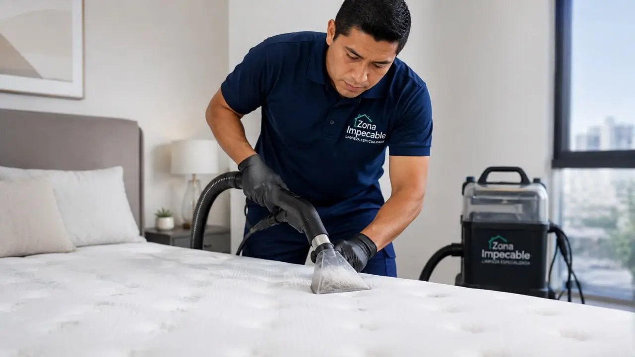 Proceso profesional de limpieza de colchones con ácaros usando tecnología de filtrado por agua en Lima