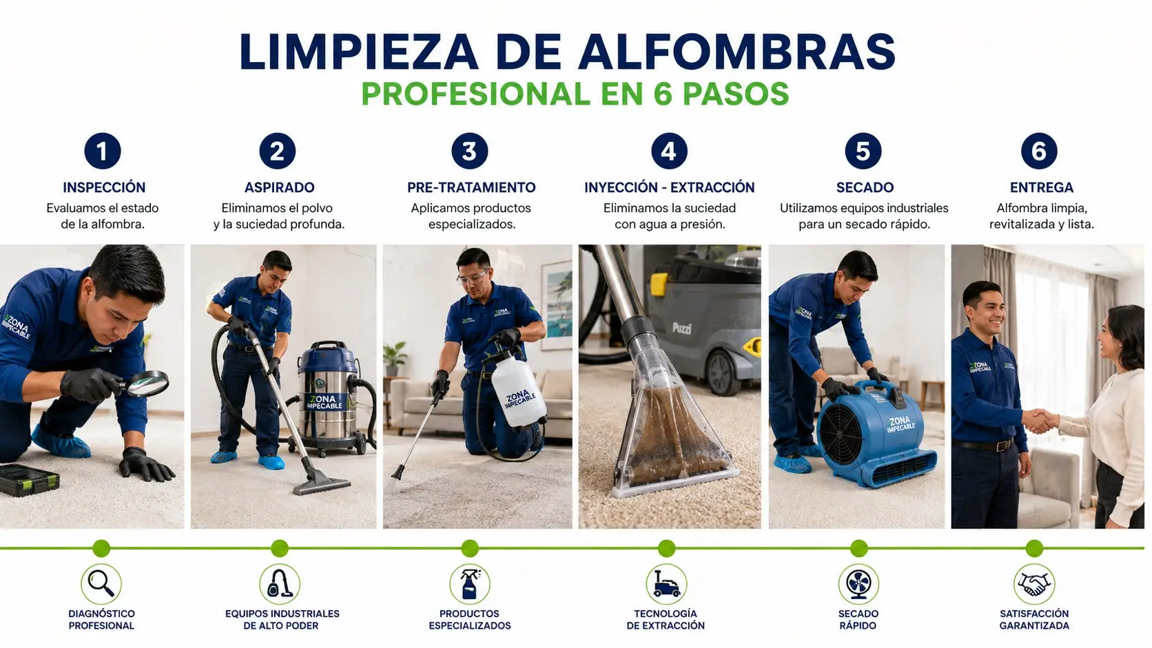 Proceso completo de servicio de limpieza de alfombras profesional con inyección-extracción y secado industrial