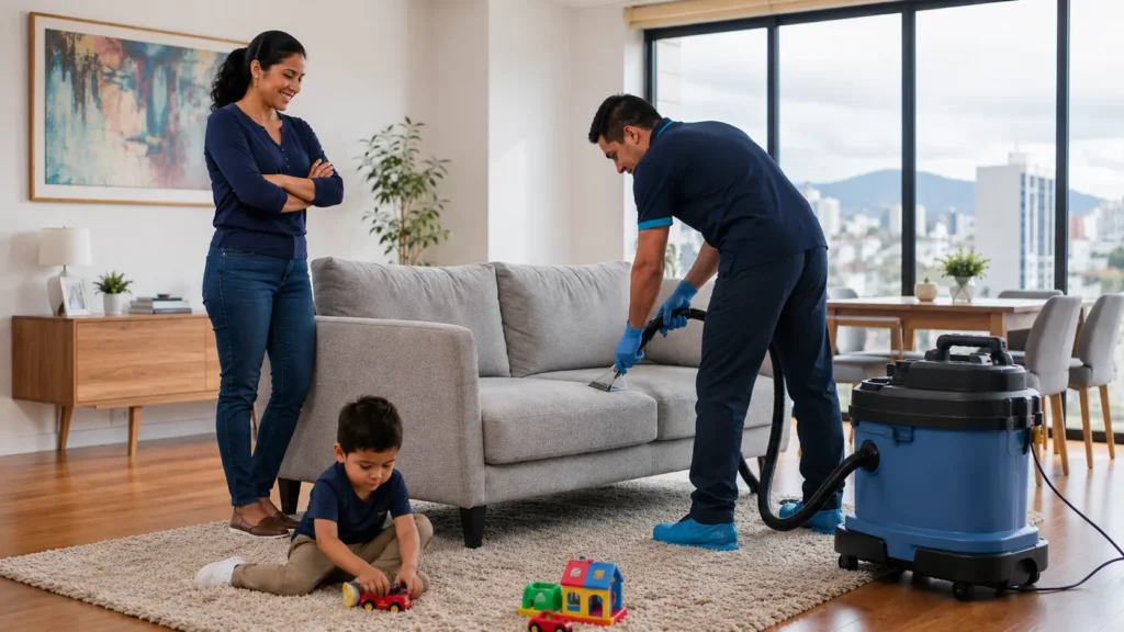 Familia peruana en su sala mientras un técnico realiza limpieza de alfombras y tapizados con extracción profunda a domicilio en Lima