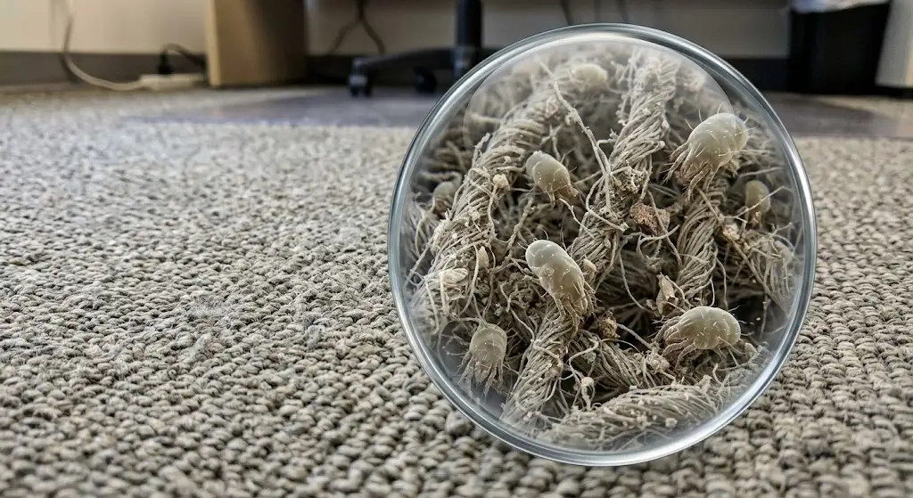 Un acercamiento microscopio a una alfombra de oficina donde se ven ácaros viviendo entre las fibras
