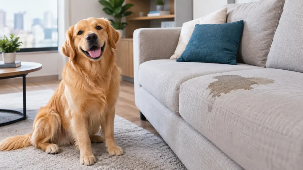 un perro se orino al costado del mueble de la sala