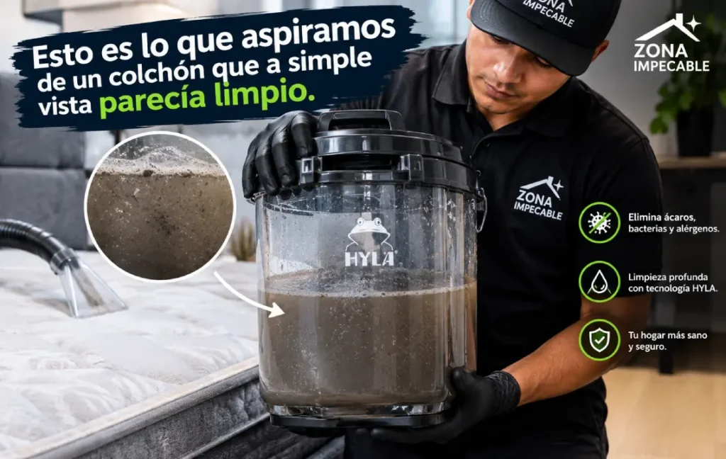 Un especialista de zona impecable sosteniendo la suciedad atrapada en agua por el metodo hyla