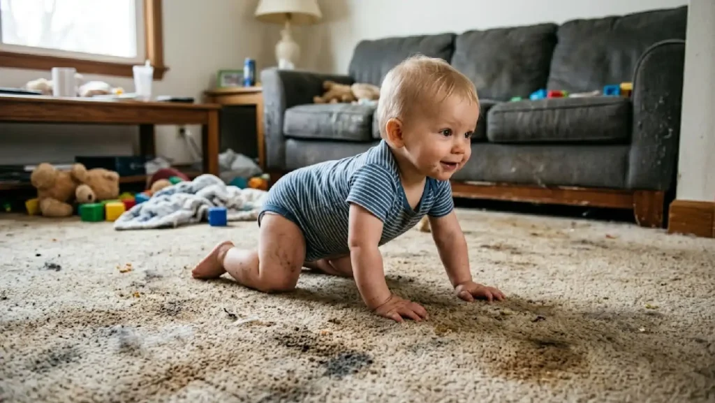 un bebe gateando sobre una alfombra no tan limpia donde se esta recomendando una limpieza profunda