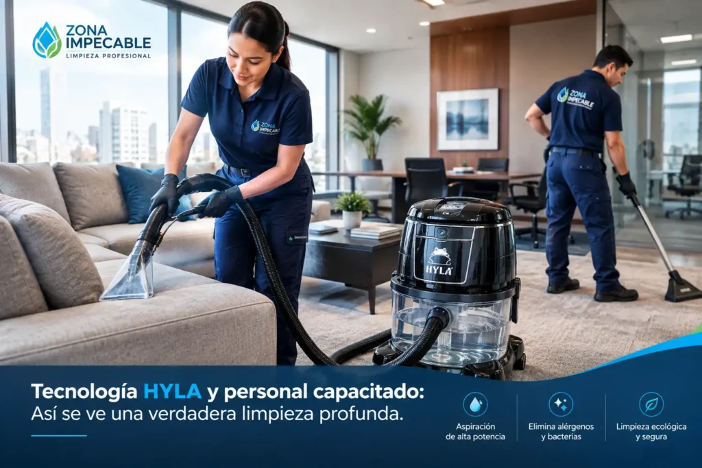 Personal profecional de zona impecable realizando la limpiza de una empresa