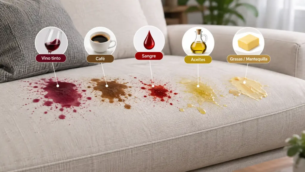 imagen que representa las manchas comunes de cafe, sangre y vino sobre un sofa o mueble