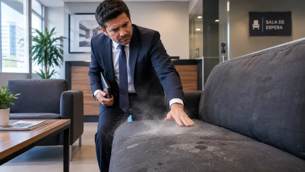 Gerente observando la suciedad de los muebles de oficina,se aprecia el mueble descuidado