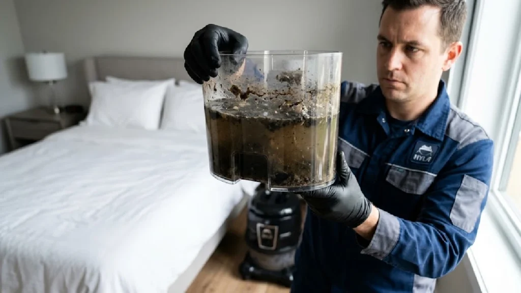 Depósito de agua del sistema HYLA mostrando ácaros extraídos tras el lavado de un colchón.